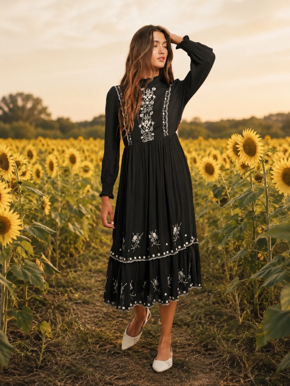 Dark Fairy Black Dress White Embroidery Bohemian Prairie Western Vibes Sz M